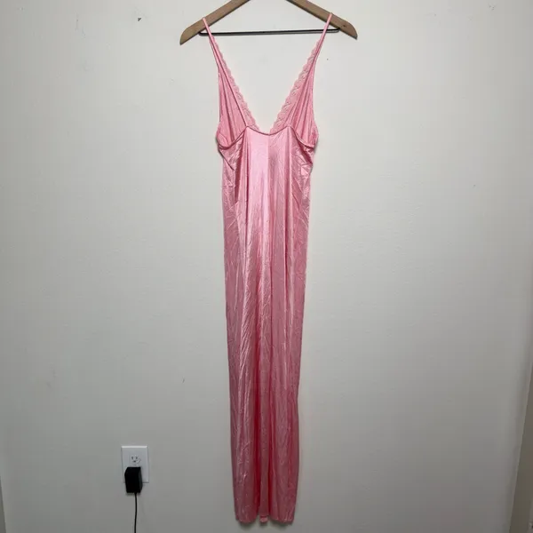 VTG Women Fairy Babydoll Slip Dress Pink Lace Floral Embroidered Satin Maxi - Image 6