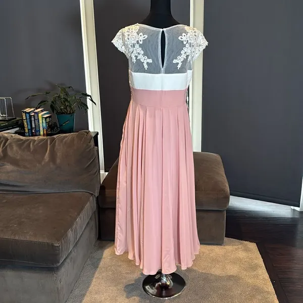 Women’s Ivory Lace Top Pink Chiffon V-Neck Cap Sleeves Formal Dress Size 10 NEW - Image 4