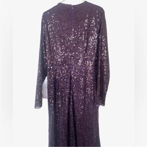 New Mac Duggal Sequined‎ High Neck Long Sleeve Draped Purple Maxi Dress Gown 12 - Image 8