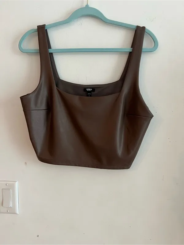 Express Body Contour Faux Leather Square Neck Cropped Tank Top Brown Large - Image 3