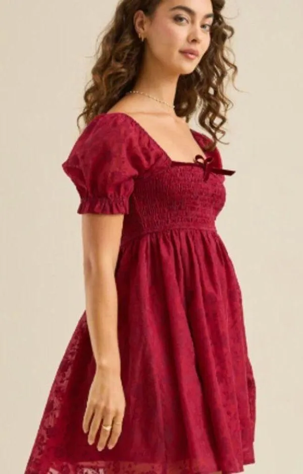 Altar'd State Mini Dress Sz XL Red Floral Velvet Burnout Smocked Sexy Feminine - Image 10