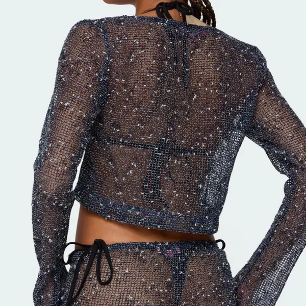 Edikted Idra Crochet Net Tie Front Top NWT size small navy - Image 2