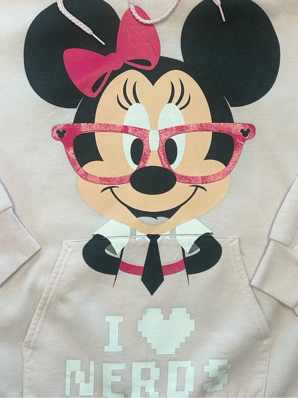 VTG Y2K Disneyland resort Minnie Mouse graphic hoodie pastel pink I love nerds M - Image 5