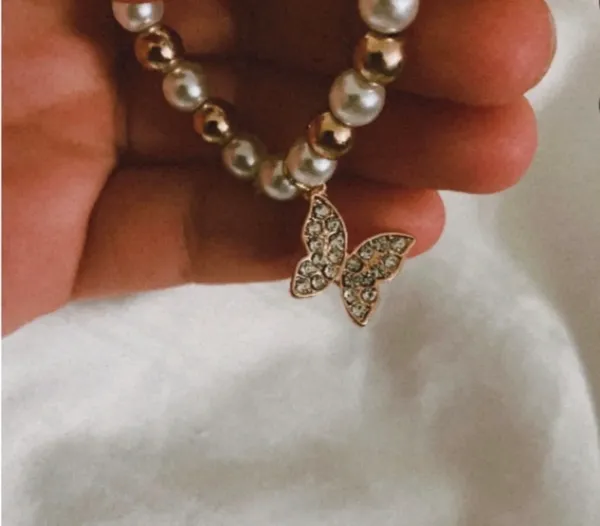 Blush Crush Pearl and Rose Gold Butterfly Charm Stretch Bracelet - Image 3