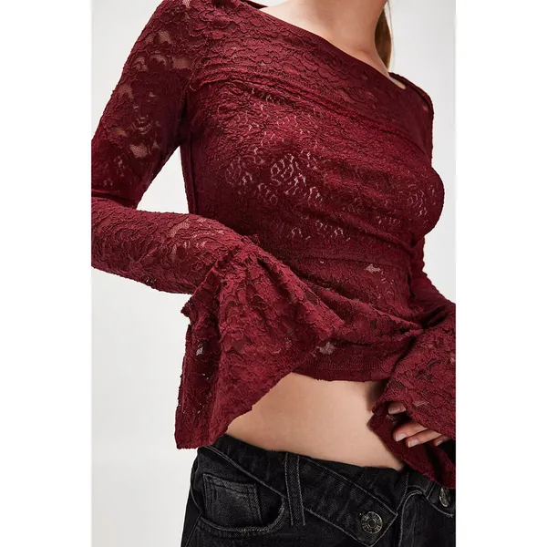 NWT Free People Burgundy Lace Long Sleeve Top M - Image 7