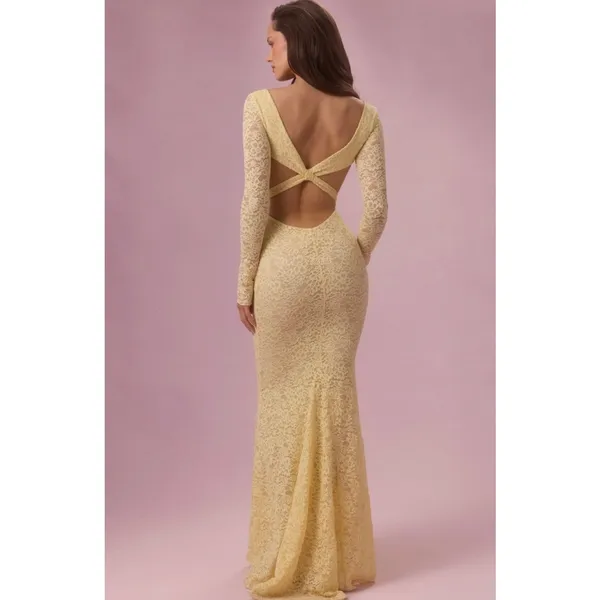 Oh Polly Isolde Premium Lace Long-Sleeve Maxi Dress in Butter Yellow Size M New - Image 9