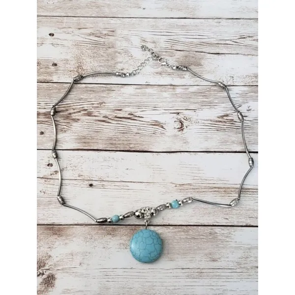 Vintage Necklace - Wavy Silver Tone with Turquoise Tone Pendant - Image 2