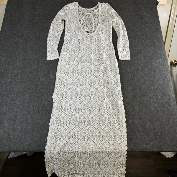 H&M Divided White Lace Maxi Dress Long Sleeve Open Back Side Slit Size 8 - Image 2