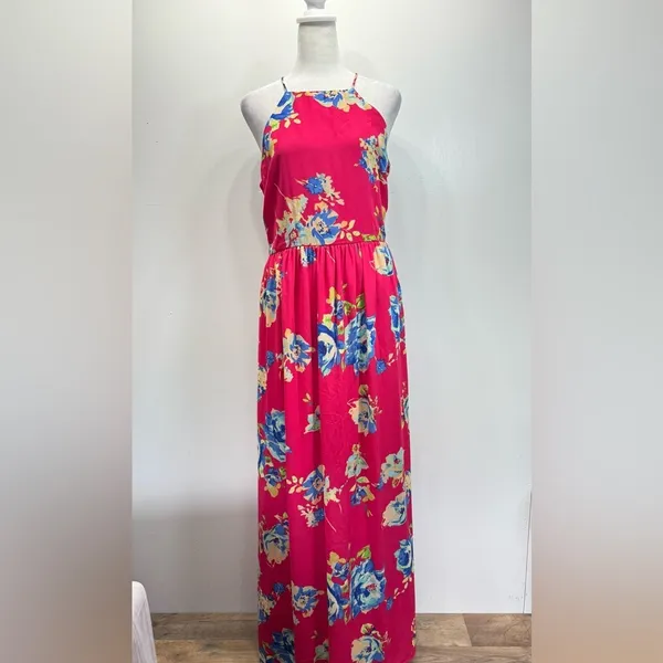 Everly Hot Pink Floral Halter Neckline Maxi Sundress Pleated Skirt Boho Vacation Party - Image 3