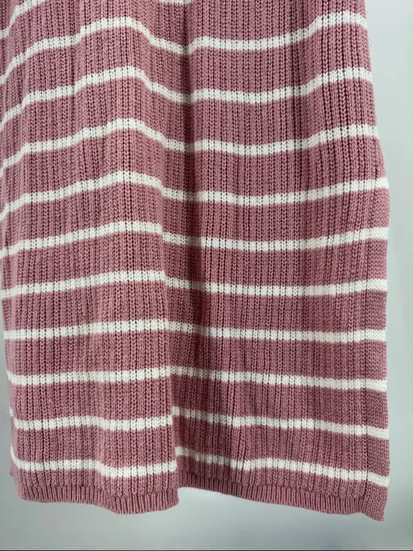 Merokeety Striped Pink sweater Maxi Dress v-neck Collared L side slits casual - Image 5