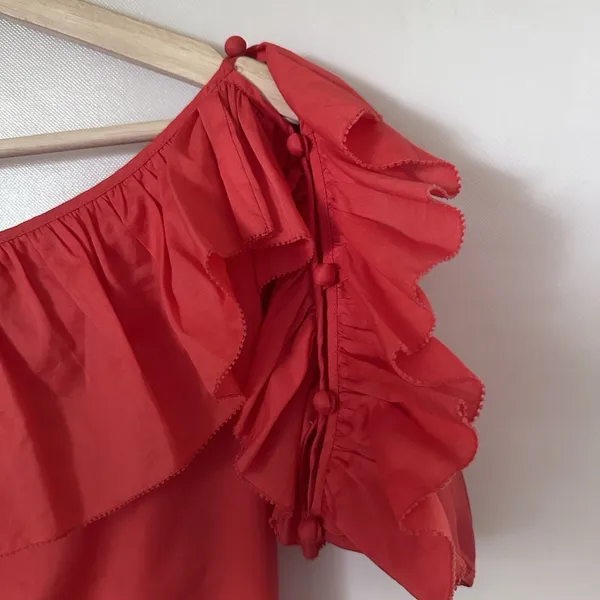 Juicy Couture Dress Off The Shoulder Poplin Ruffle Pockets Orange Party Flirty S - Image 5