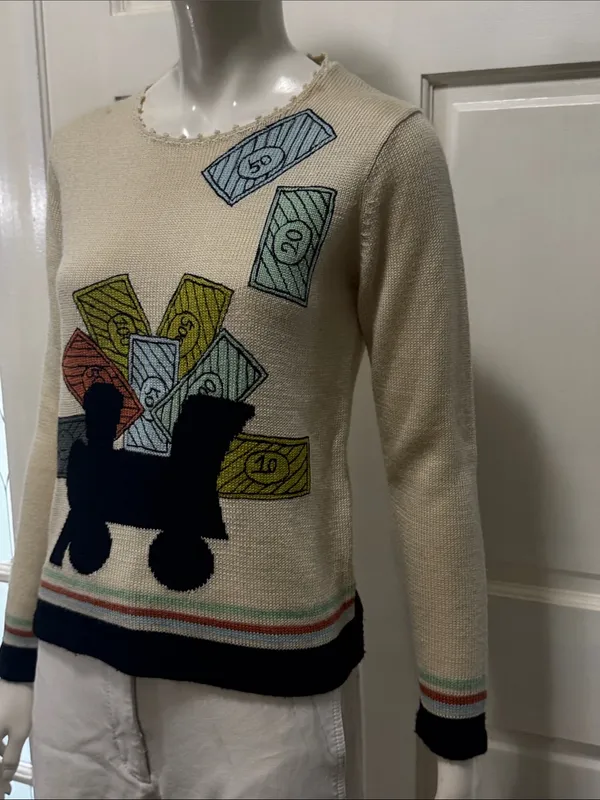 Vintage Unbranded Cotton Cream Graphic Crewneck Sweater Size Large - Image 4