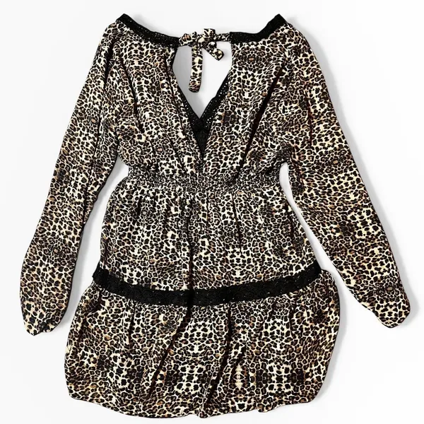 Kendall + Kylie Leopard Print Lace Trim Mini Dress XL Peasant‎ Boho V Neck Short - Image 2