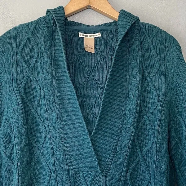 Ruff Hewn Y2K Teal Cable Knit Sweater Size Large Teal Chunky Academia Hoodie Gilmore Girls - Image 3