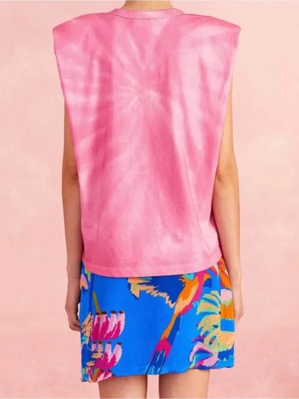 Farm Rio Pink Organic Cotton Tie Dye Coconut Shoulder Pad Slouchy Graphic Tee XS - Image 4