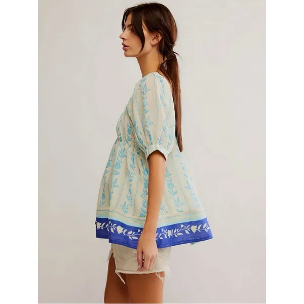 Free People Bohemian 70s Block Print Santorini Printed Babydoll Tunic Size Large - Image 8