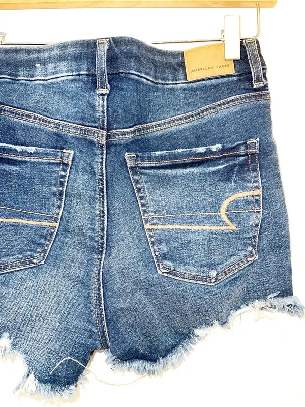 American Eagle Dark Wash Blue Raw Hem Frayed Denim Hi-Rise Shortie Jean Shorts - Image 6