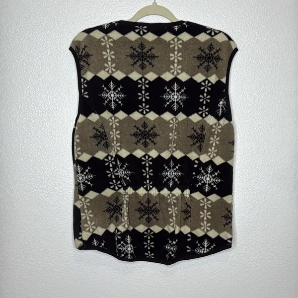 Vintage Sierra Classics Large Snowflake Fleece Vest Tan Black White Full Zip L - Image 6