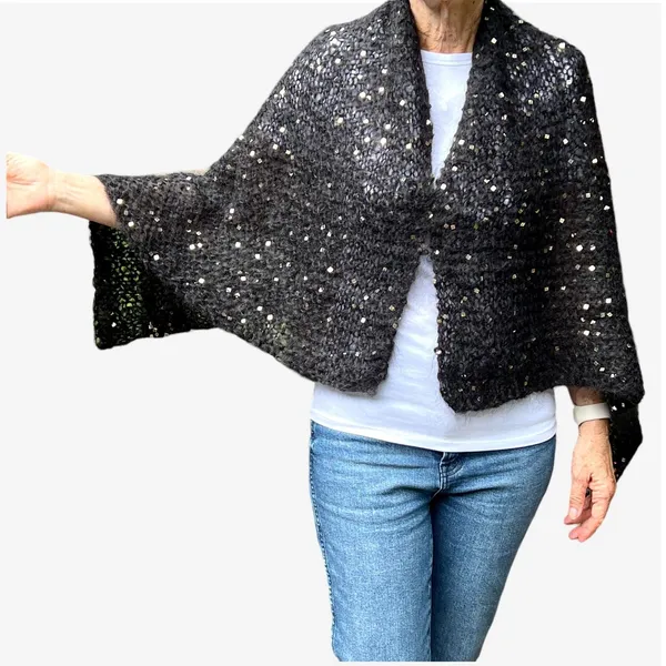 Womens Black Mohair Evening Wrap Shawl Gold Square Sequins Handknit - Image 2