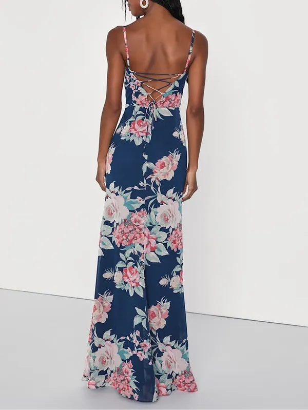 Lulu's Navy Floral Spaghetti-Strap Maxi Dress - Image 2