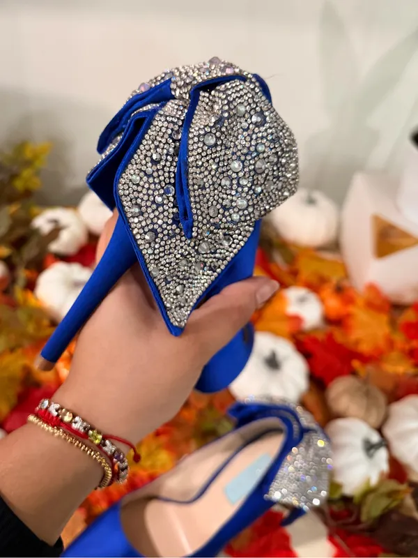 Betsey Johnson Royal Blue Satin Pointed Toe Heels with Crystal Bow - Image 9