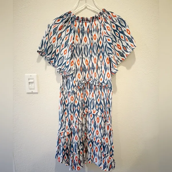 ANTHROPOLOGIE‎ Robin Tiered Ruffle Dress in Ikat White & Blue Print XS - Image 5