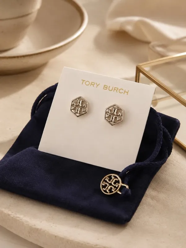 Tory Burch Gold Logo Stud Earrings Hexagon Emblem NWT - Image 2