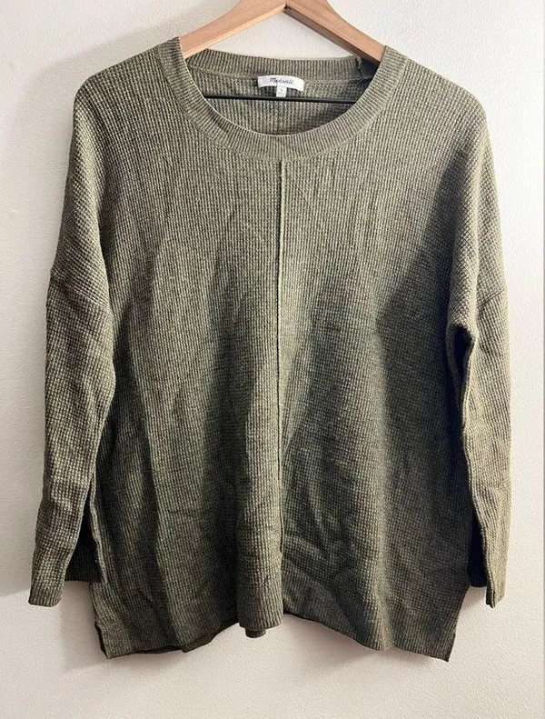 Madewell Just Right Pullover Sweater green Merino Wool Alpaca crew neck Waffle S - Image 2