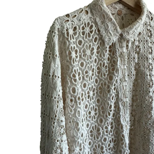Free People FP One Yesenia Blouse M Crochet Embroidered Button Down Ivory Boho - Image 8