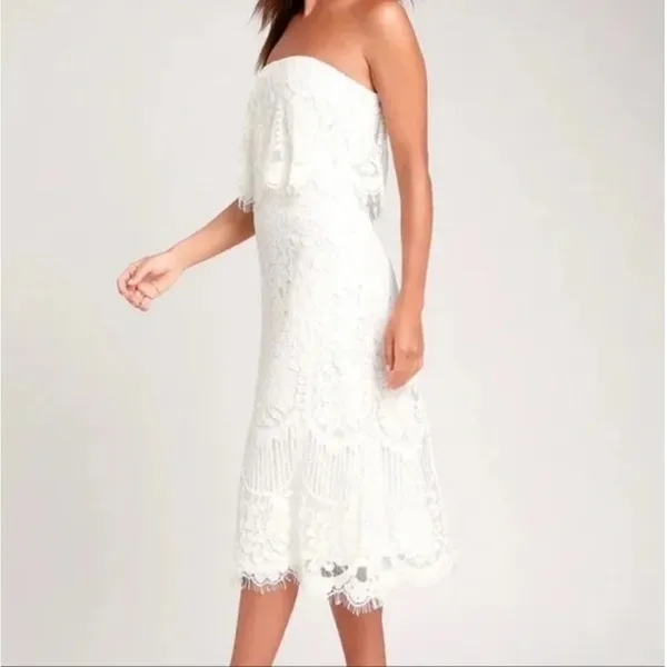 Lulus NWT White Lace Strapless Midi Dress medium - Image 7