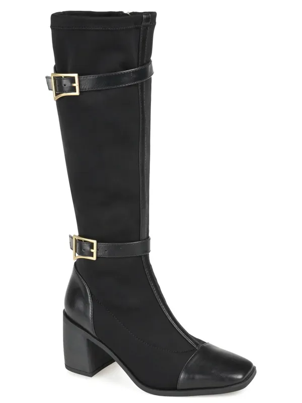 Journee Collection Black Mid-Calf Block Heel Boots with Strap Detail - Image 2