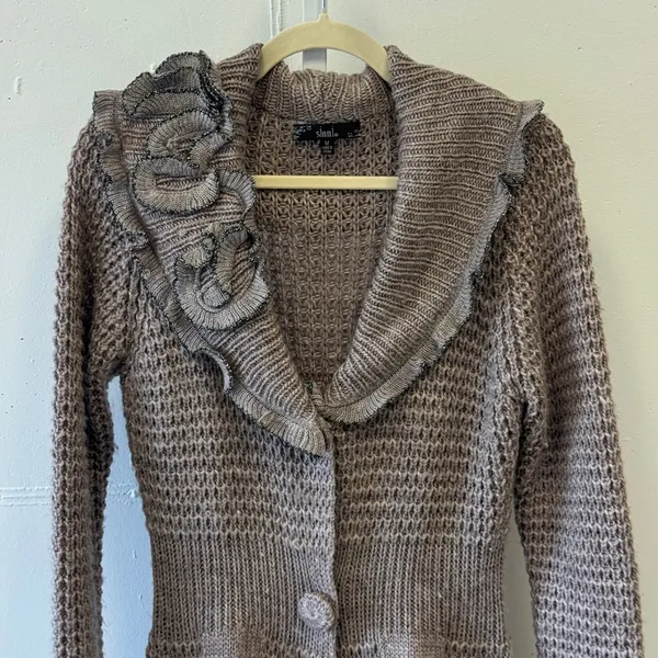 Sioni Taupe Ruffle Long Cardigan Sweater Mauve Knit Medium 90s Knee Length‎ - Image 4