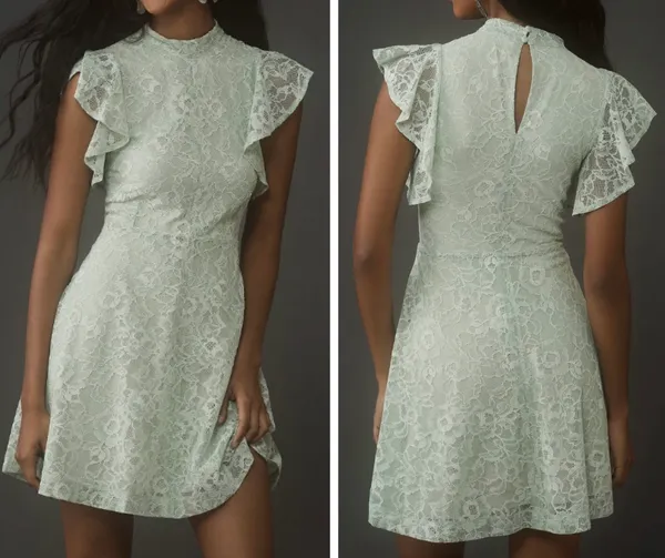 Anthropologie Maeve Mock-Neck Ruffle Sleeve Lace Mini Dress, Size L - Image 2