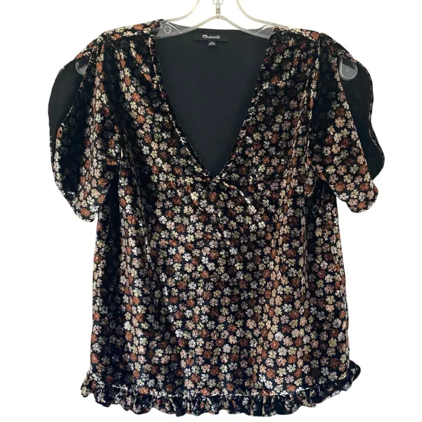 Madewell Velvet Split Sleeve Ruffle Hem‎ Floral Top Black Brown K2795 XS - Image 12