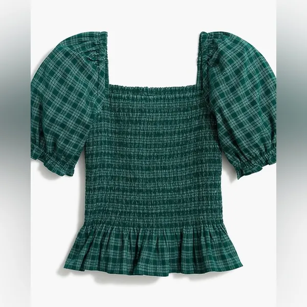 J.Crew Green Plaid Smocked Peplum Top Puff Sleeve Square Neck‎ Women’s Small - Image 2