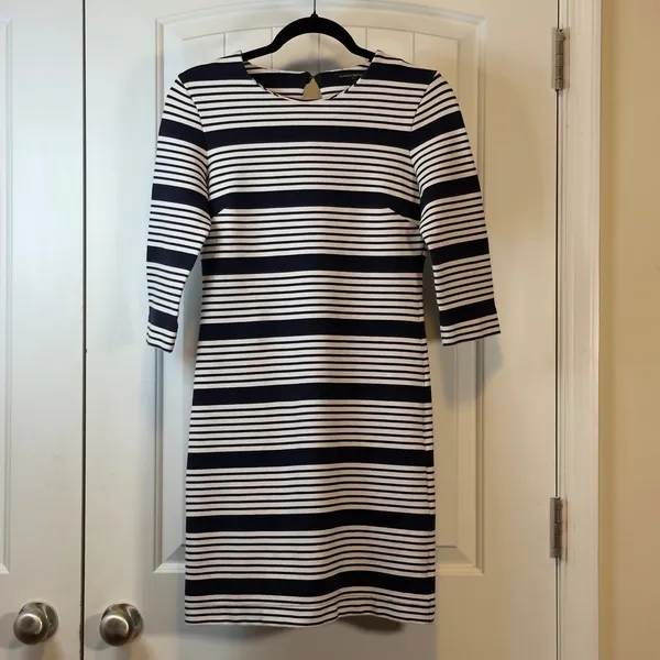 Banana Republic Womens 3/4 Sleeve Navy White Striped Ottoman‎ Rib Sheath Dress 2 - Image 3