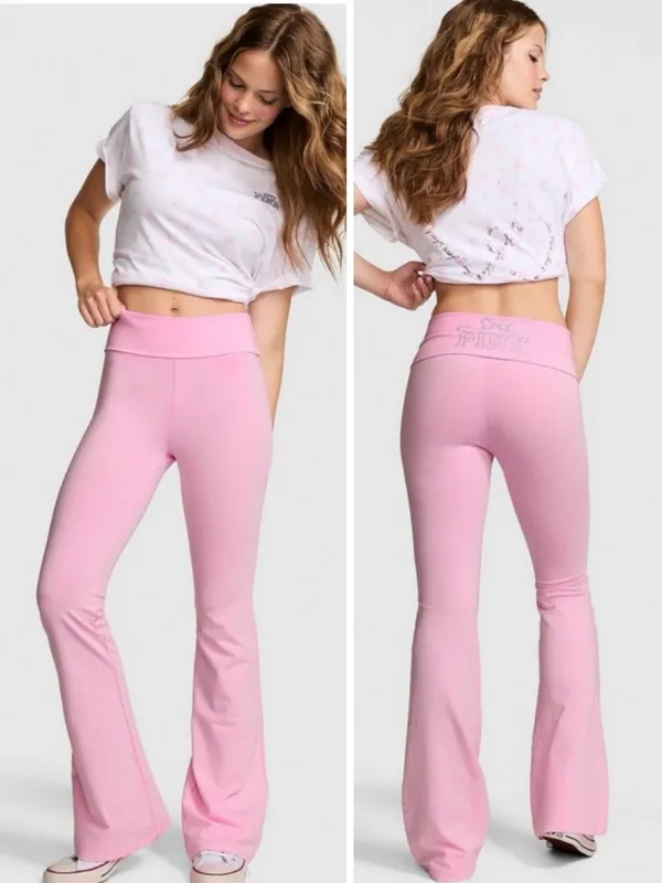 🎀🍭PINK x LoveShackFancy Foldover Flare Leggings Pink Lollipop Coquette Girl XL - Image 11
