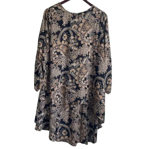 Cato Women Tunic Top 14/16 Tan Black Floral Dramatic Hem Boho Artsy‎ Whimsygoth - Image 2