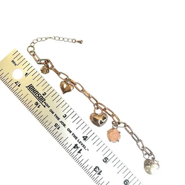Rose Gold-Tone Charm Bracelet with Hearts, faux Pearl & Carved Rose - Image 7