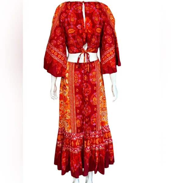 FARM Rio 100% Cotton Vibrant Red and Orange Long Sleeve Dress Size Medium - Image 4