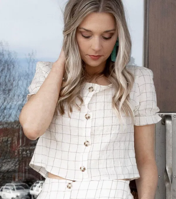 Paper Crane Checked Button Up Crop Top Blouse - Image 3