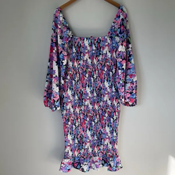 Pink Lily Boutique Floral Print Midi Dress Ruched Bubble Sleeves Size Medium - Image 2