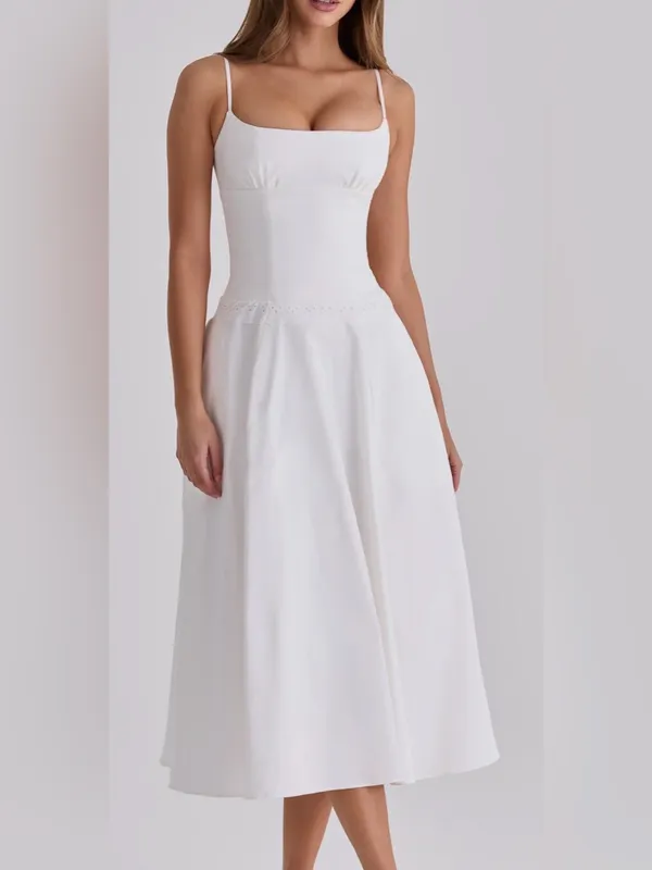 NEW HOUSE OF CB Liora Eyelet Trim Cotton Midi White Dress sz XS - Image 4