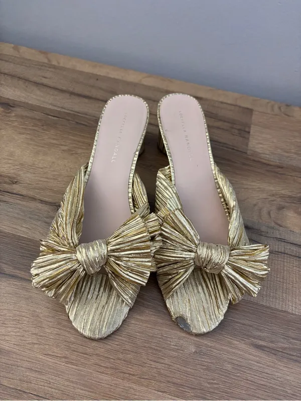 Loeffler Randall Penny Pleated Knotted Bow Heeled Mules Sandals Gold - Image 5