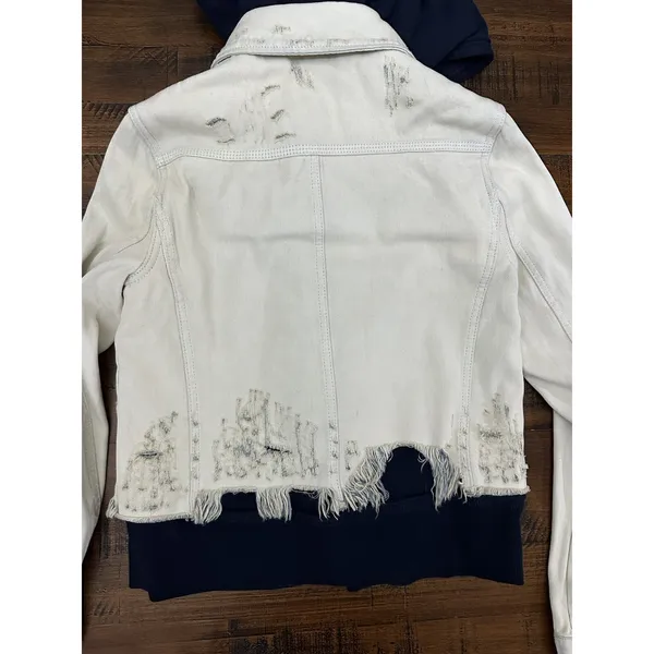 Free People Hoodie Jacket Women XS White Distressed Double‎ Weave Denim - Image 12