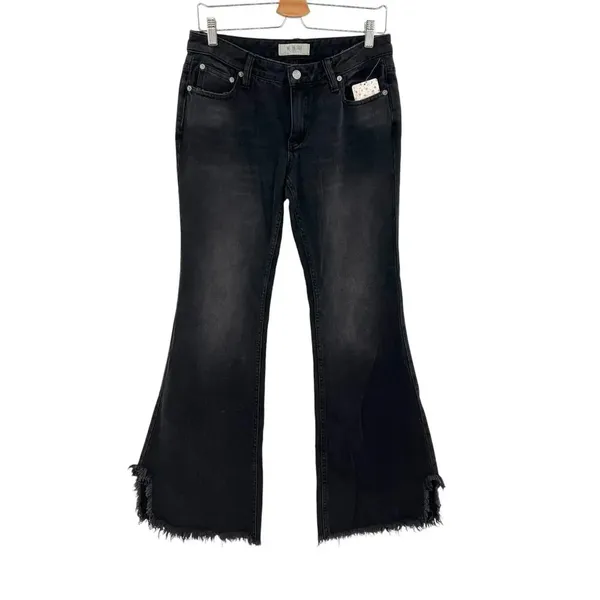 Free People Vintage Flared Jeans Black Ash‎ Denim Raw Hem Size 27 - Image 3