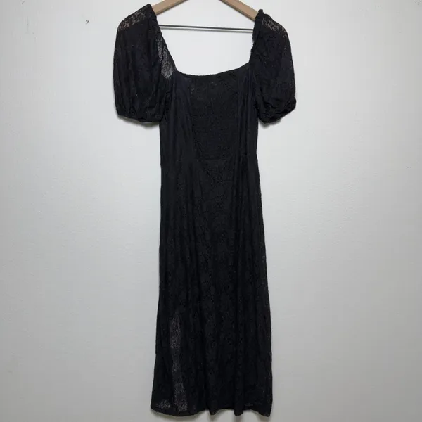 H&M Women Whimsigoth Vamp Babydoll Dress Small Black Lace Square‎ Neck Midi Slit - Image 8