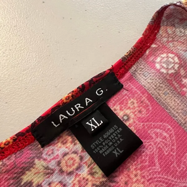 Laura G. Y2K Patchwork Long Sleeve Printed Bow Tie Indie Boho Blouse Size XL USA - Image 5