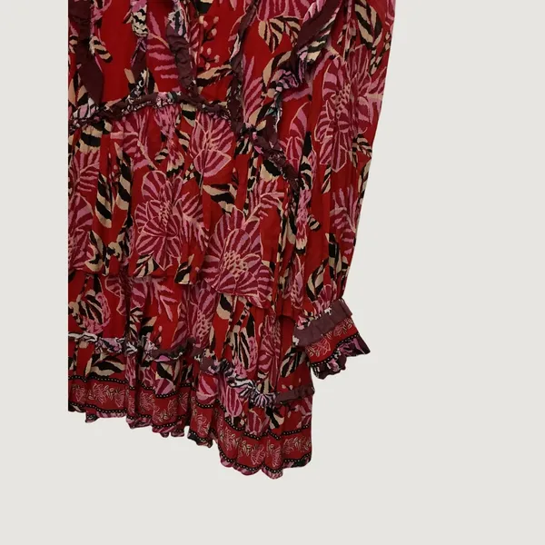 Farm Rio Red Tropical Tapestry Ruffle Tiered Mini Dress XS Floral Long Sleeve - Image 4