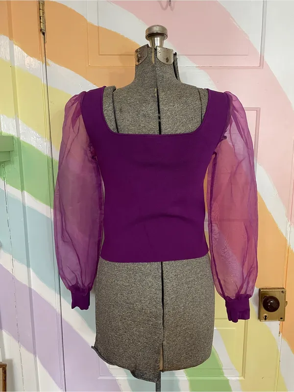 House of Harlow 1960 Sheer Puff Sleeve Chiffon Square Neck Crop Top Sz XS 💚🎀 - Image 4